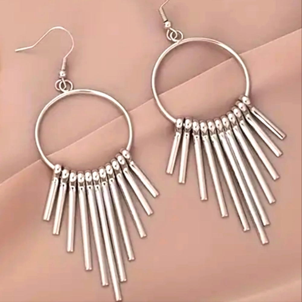 Silver Metal fringe hoop earrings statement jewelry
